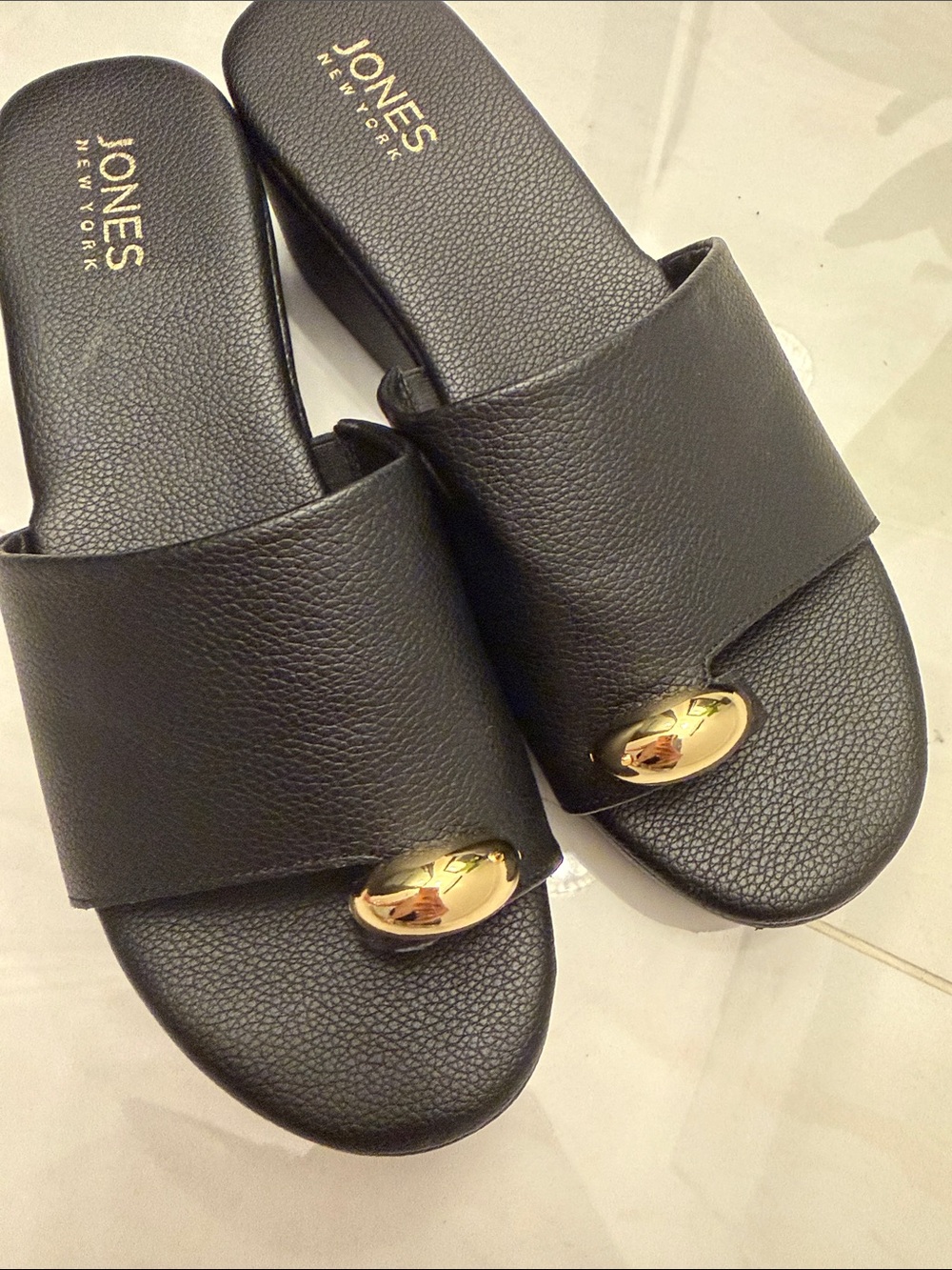 Jones New York Black Slide Mules with Gold Accent